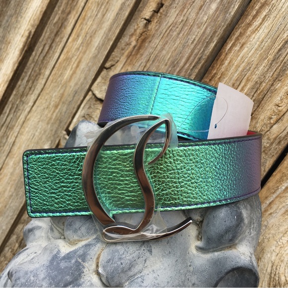 New Christian Louboutin Logo Buckle Iridescent Leather Belt Rainbow Silver 75 - Picture 5 of 16